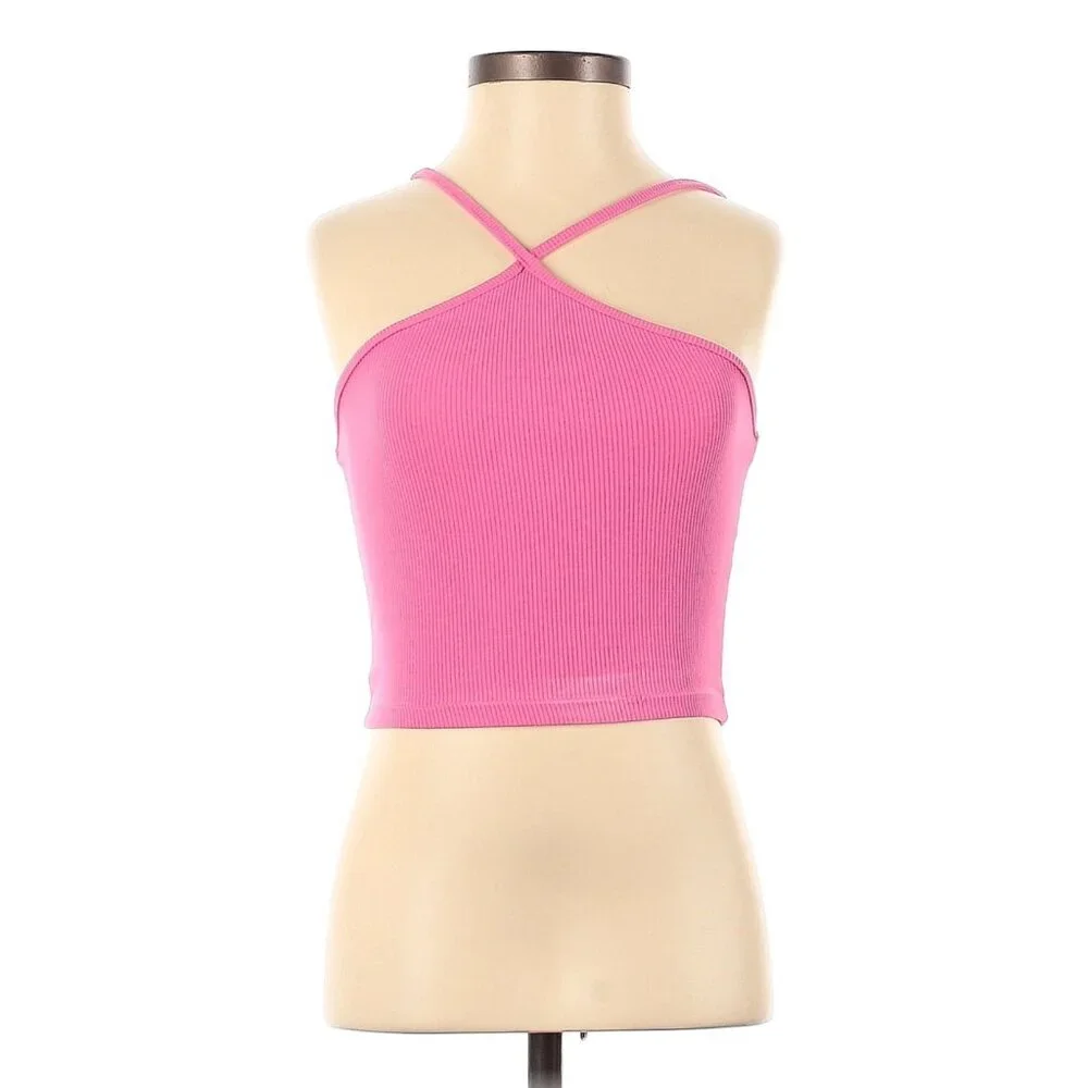 Zara Pink Ribbed Sleeveless Halter Style Crop Top - Picture 2 of 6